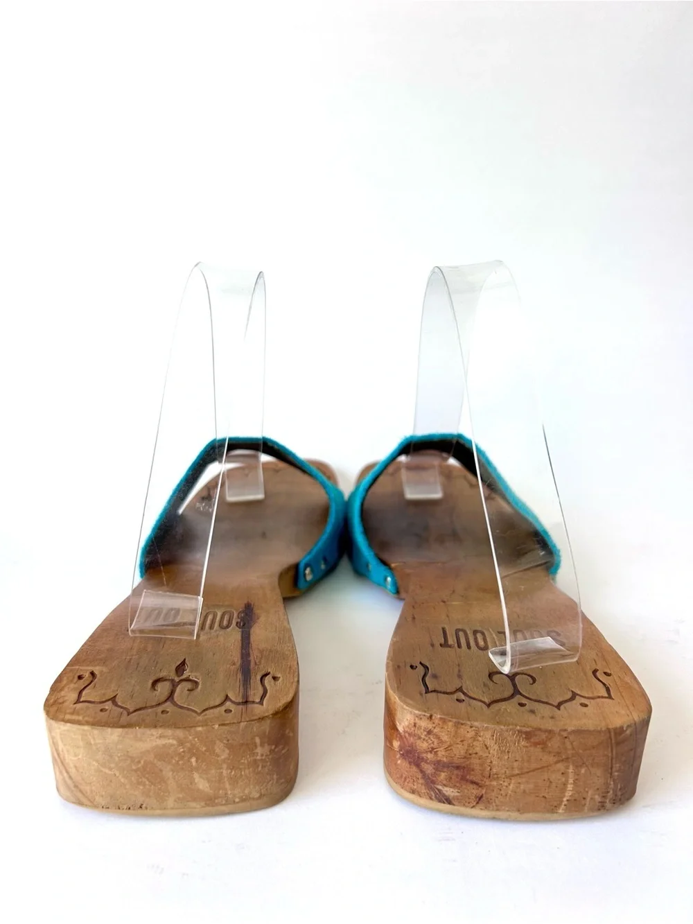 Soul Out Vintage 90s Turqoise Blue Suede Platform Wood Mule Slide Sandals 7.5